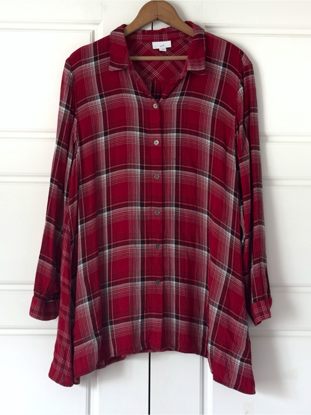J Jill Button Up Tunic Top L PETITE Red Black Mixed Plaid Double Cloth Pockets